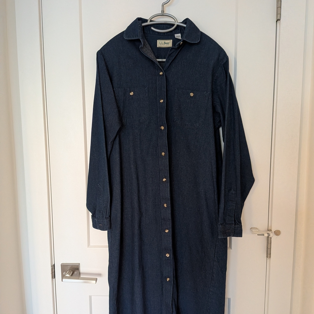 Vintage L.L.Bean Dark Indigo Long Sleeve Denim Shirt Dress 12P USA Made